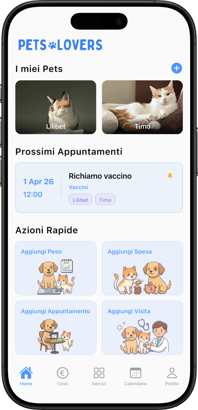 Screenshot app Pets Lovers con libretto veterinario digitale e gestione appuntamenti per cani e gatti