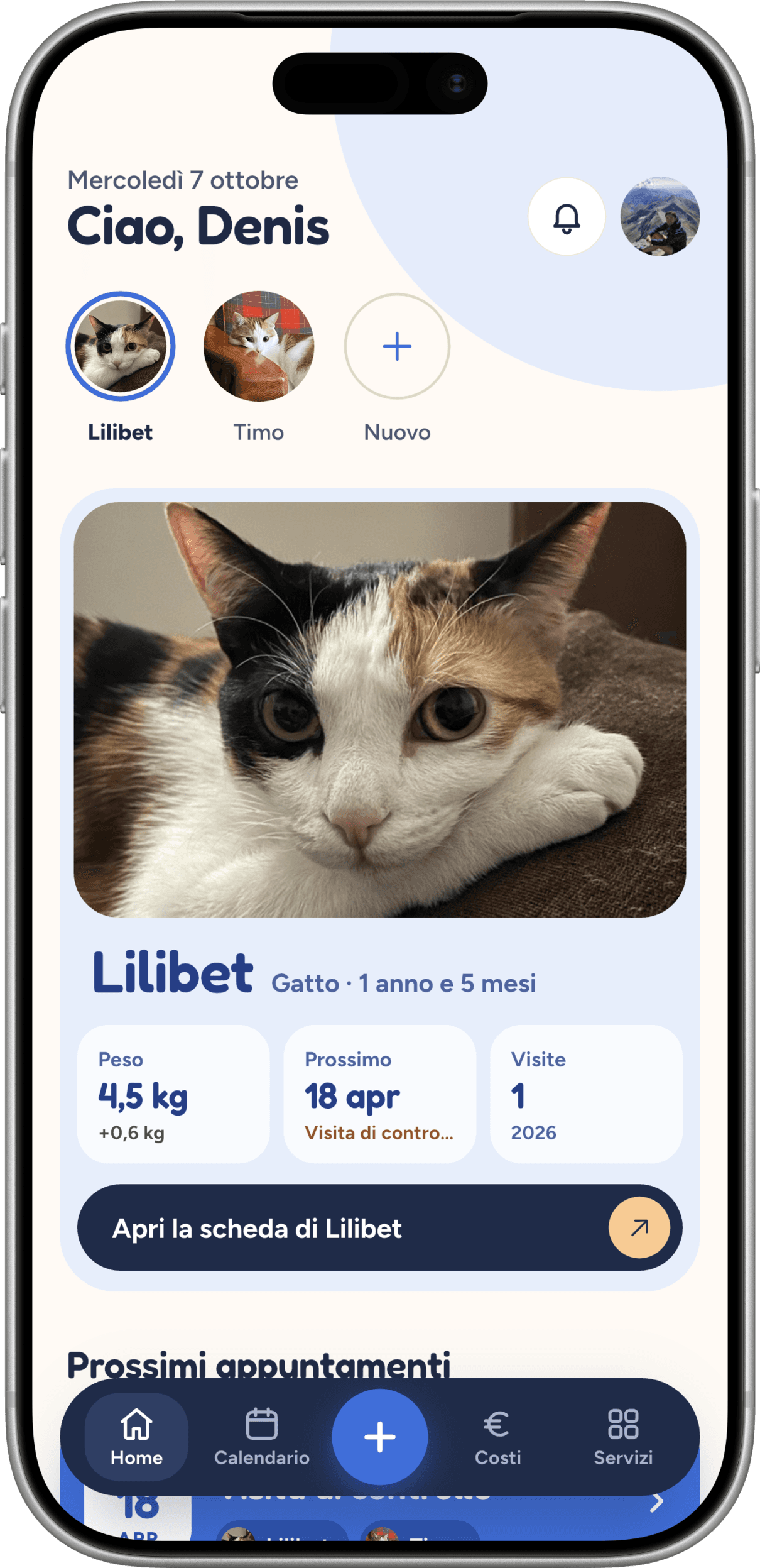 Schermata home dell'app Pets Lovers con il libretto veterinario digitale